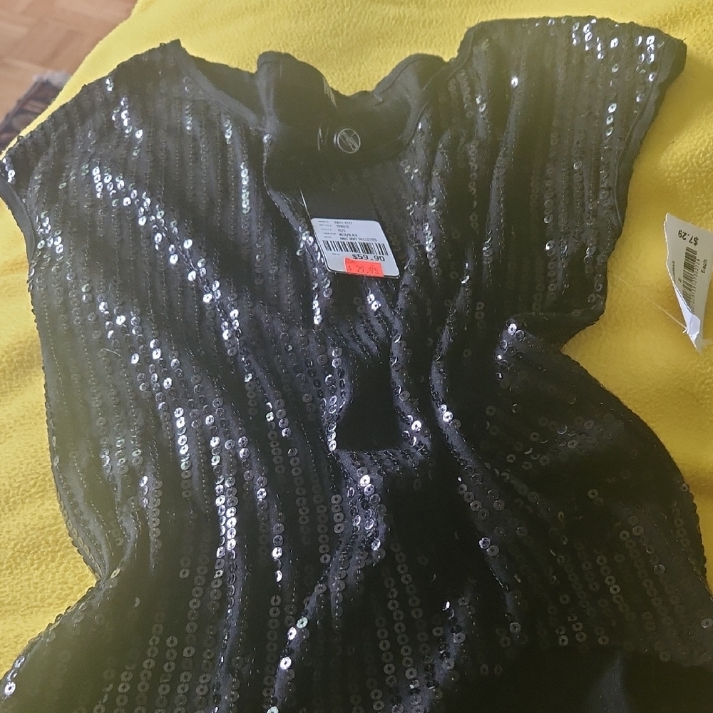 i30 Sparkly Sequin Bling Black Top by Bedo Femme -  shorter in front Nwt